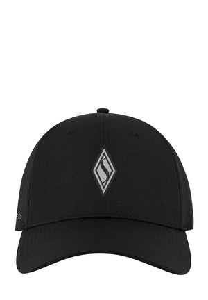 Schwarze Baseballmütze mit runder Krone, flachem Schirm und einem reflektierenden Diamantlogo in der Mitte. Der Stoff wirkt glatt mit Nahtdetails.