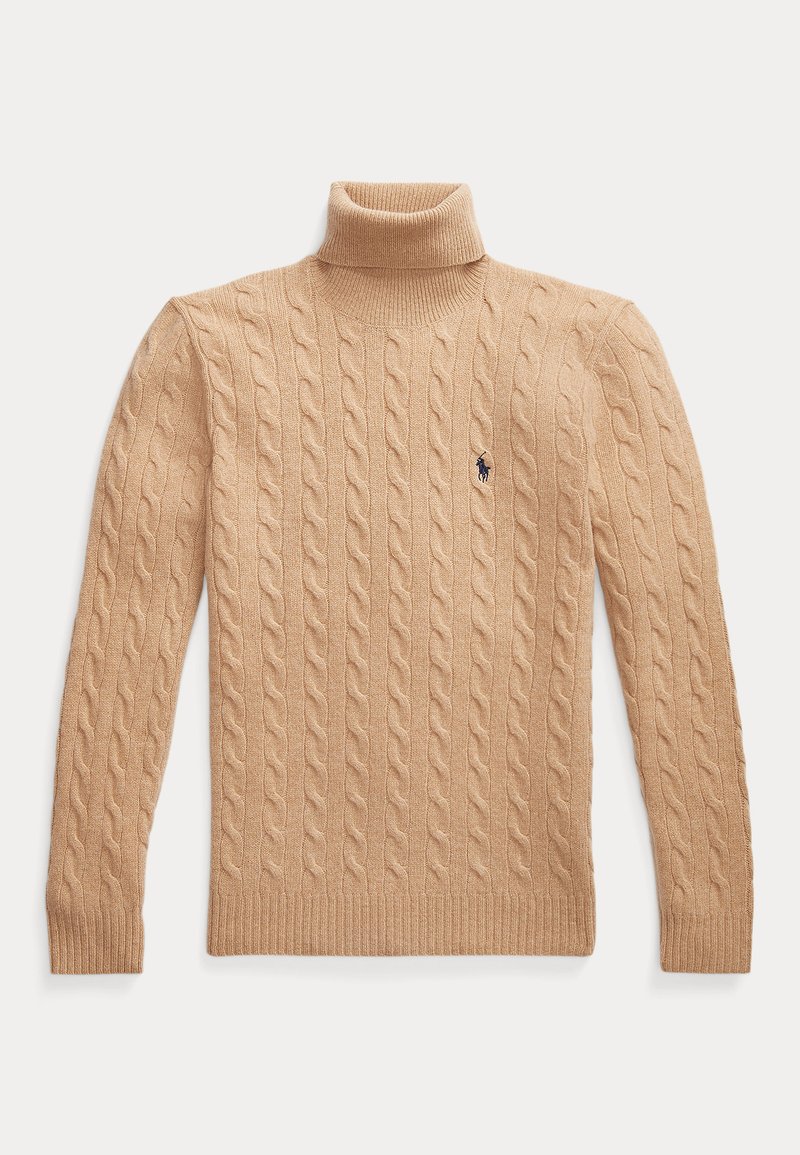 Beige turtleneck sweater made of textured knit fabric, featuring ribbed cuffs and hem, with a small logo on the chest.