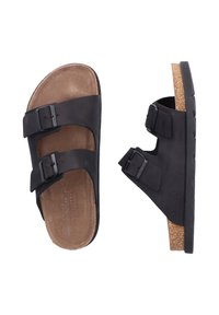 Czarne sandały na otwartym nosku z dwiema regulowanymi paskami, korkową wkładką i teksturowaną gumową podeszwą. Gładki materiał wierzchni z klamrami.
