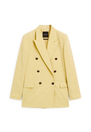 Double-breasted yellow blazer in lightweight fabric with large brown buttons, notch lapels, and two front pockets.