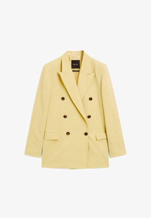 Dubbelzijdig gele blazer van lichtgewicht stof met grote bruine knopen, notch revers en twee voorkeurszakken.