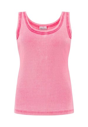 Pinkes geripptes ärmelloses Tanktop mit Rundhalsausschnitt und sichtbarem Markenlabel innen im Kragen.
