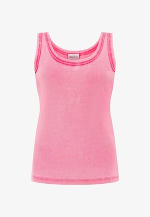 Pinkes geripptes ärmelloses Tanktop mit Rundhalsausschnitt und sichtbarem Markenlabel innen im Kragen.