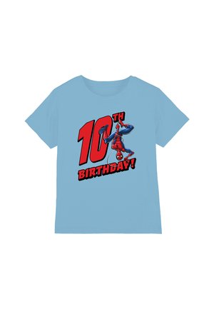 Light blue t-shirt with short sleeves, featuring a cartoon character and bold text stating "10TH BIRTHDAY!" in red and black.