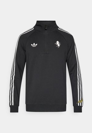 Black zip-up sweatshirt with white stripes along sleeves, featuring an embroidered horse logo and an Adidas logo on the chest.
