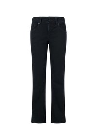 Zwarte denim jeans met een rechte pijp, voorzien van een knoopsluiting, riemlussen en zijzakken. Glad materiaal en een klassiek ontwerp.