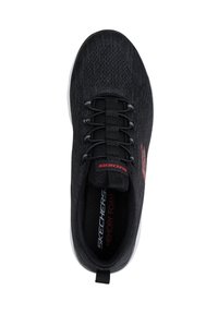 Scarpa Skechers nera con tomaia in rete traspirante, soletta in schiuma a memoria, punta rotonda, lacci elastici e suola in gomma bianca.