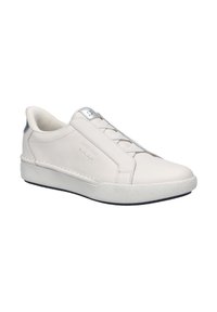 White leather sneaker with a smooth finish, lace-up design, textured white sole, and silver accent on the heel. Minimalist style, rounded toe.