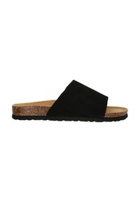 Sandale à glissière en velours noir avec une semelle intercalaire en liège, présentant un design de large sangle et une semelle extérieure noir texturée pour une meilleure adhérence.
