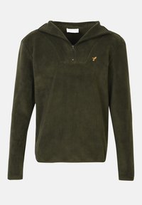 Olivengrøn fleece sweatshirt med halv lynlås, lange ærmer og et lille broderet fuglelogo på brystet. Blød tekstur og afslappet pasform.