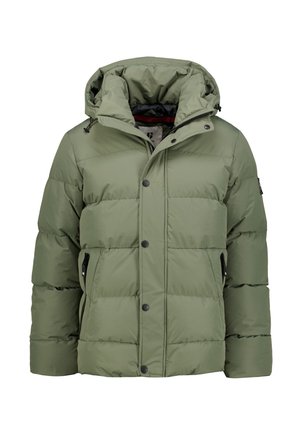 Groene pufferjas met capuchon, met een gewatteerd design, drukknoopsluiting en twee met rits afgesloten zijzakken. Glad textuur, lichtgewicht isolatie.