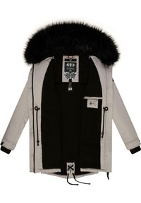 Light gray parka jacket with a black faux fur hood, black fleece lining, front drawstrings, and inner tags in contrasting colors.