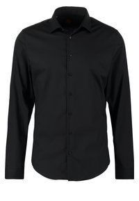 Long-sleeve black shirt made from smooth fabric, featuring a pointed collar, full button front, and rounded hem. No visible patterns or accents.