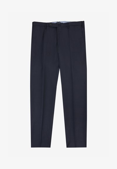 Pantalones de vestir navy hechos de un tejido suave, con un diseño de pierna recta, dos bolsillos frontales, un cierre de un solo botón y lazos para cinturón.