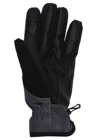 Svart vinterhandske med griptak, flexibel tyg och en grå accent vid handleden. Har en elastisk stängning och sömnadsdetaljer.