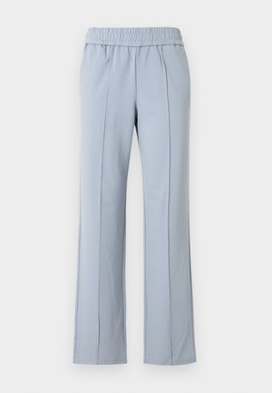 Light blue trousers with an elastic waistband, straight leg design, and front pleats. Made of soft fabric with a smooth texture.