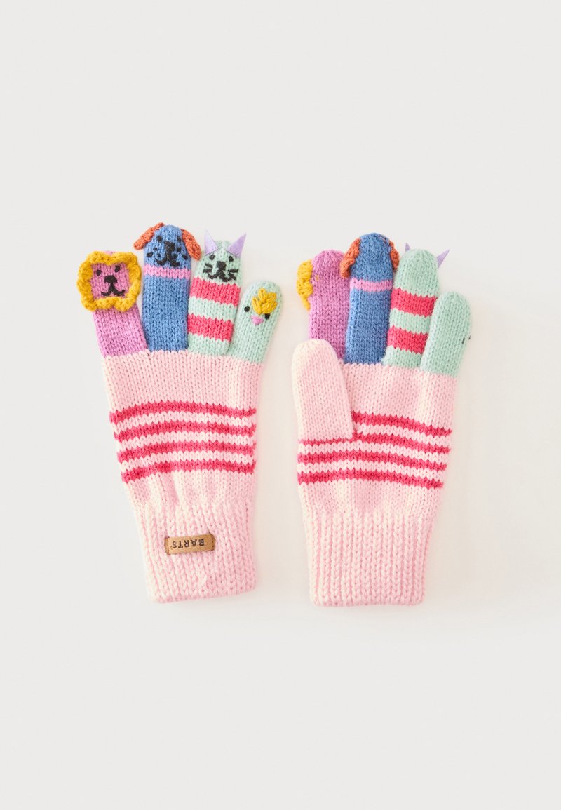 Gants tricotés roses avec des visages d'animaux sur chaque doigt, comprenant un lion, un chien, un chat et un poussin, avec des bandes rouges aux poignets.