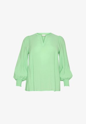 Minzgrüne Bluse mit V-Ausschnitt, gepufften Ärmeln und gerafften Manschetten. Glatter Stoff mit lässiger Passform und ohne sichtbare Muster oder Akzente.