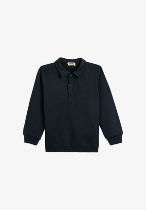 Zwarte long-sleeve polo voor kinderen met een twee-knopsluitingen, geribde manchetten en kraag op een witte achtergrond.