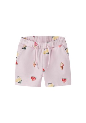 Shorts pour tout-petits rose clair avec taille élastique et cordon, décorés d'imprimés de fraises, citrons, tranches de pastèque et cornets de glace.