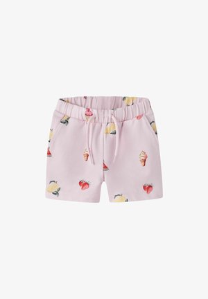 Shorts pour tout-petits rose clair avec taille élastique et cordon, décorés d'imprimés de fraises, citrons, tranches de pastèque et cornets de glace.