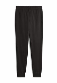 Svarta sweatpants i mjukt tyg, med elastisk midjeband, avsmalnande ben och åtsittande mudd vid anklarna.