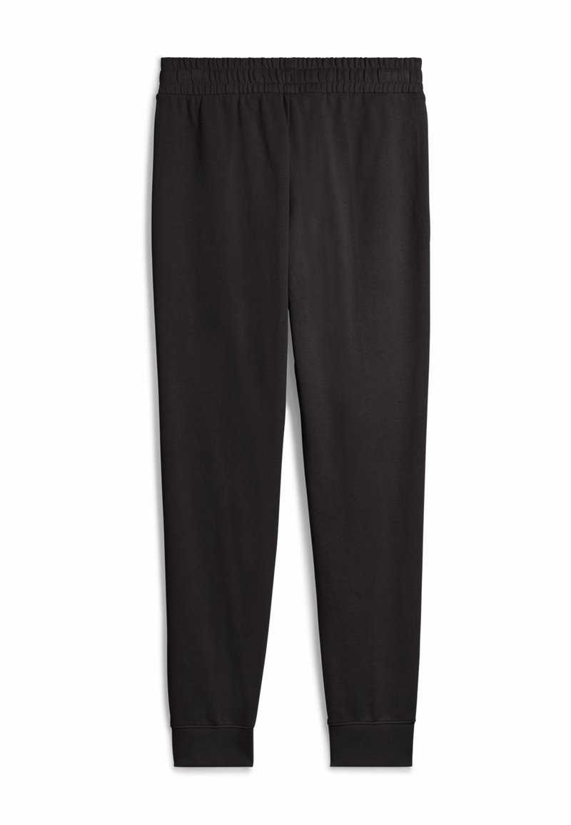 Pantaloni sportivi neri realizzati in tessuto morbido, dotati di una vita elastica, gambe affusolate e polsini aderenti alle caviglie.
