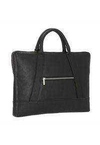Maletín de cuero negro con doble asa, un bolsillo frontal con cremallera, diseño elegante y textura suave. Presenta acentos de costura en contraste.
