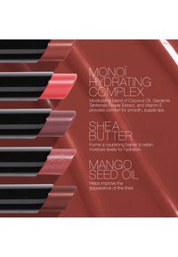 Fire leppestifter i forskjellige nyanser vist ved siden av tekst som fremhever fordelene med Monoi Hydrating Complex, sheasmør og mangokjerneolje for leppene.