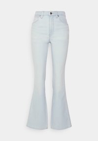 Jasnoniebieskie dżinsy o wysokim stanie z rozszerzanymi nogawkami, z przodu na guziki i zamek błyskawiczny oraz kieszeniami z przodu i z tyłu.