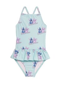 Ljusblå baddräkt med volangkant, prydd med en upprepad tecknad tryck av karaktärer och texten "Beach time" i rosa.
