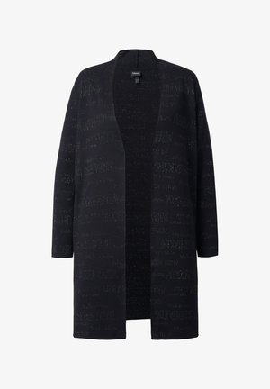 Schwarzer Cardigan mit offenem Front, aus strukturiertem Stoff mit einem dezenten Muster. Lockere Passform mit langen Ärmeln und ohne Verschlüsse.