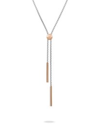 Zilveren ketting met een ronde rosé gouden accent en twee verticale rosé gouden pendanten, met een strakke, minimalistische uitstraling.