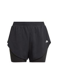 Černé sportovní šortky s vrstveným designem, vybavené elastickým pasem a jemnými bočními rozparky. Na přední straně je malý bílý logo.