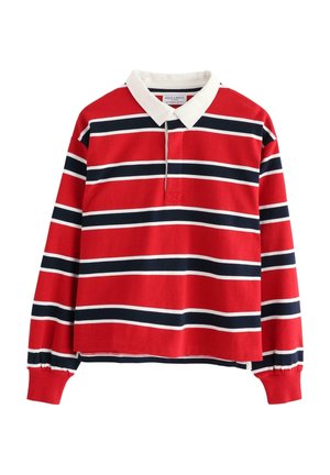 Rød langærmet polo-shirt med horisontale hvide og marineblå striber, hvid krave og ribbede manchetter, lavet af blødt bomuldsstof.