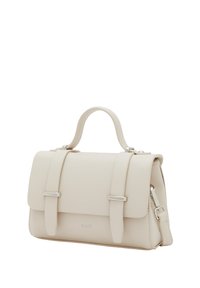 Borsa a mano in pelle beige con una forma strutturata, doppi manici superiori, tracolla regolabile e dettagli in hardware argentato. Design minimalista.