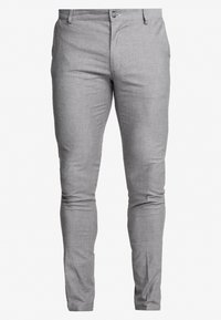 Herrars skräddarsydda byxor i grå och vit rutmönster, med slim fit, slät tyg, bältesloopar och knappstängning.