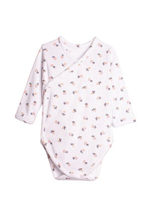Białe body niemowlęce z długim rękawem, zapinane na zakładkę, z różowo-żółtym kwiatowym nadrukiem oraz zatrzaskami na dole i boku.