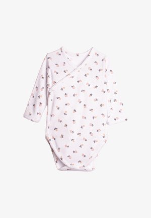 Białe body niemowlęce z długim rękawem, zapinane na zakładkę, z różowo-żółtym kwiatowym nadrukiem oraz zatrzaskami na dole i boku.