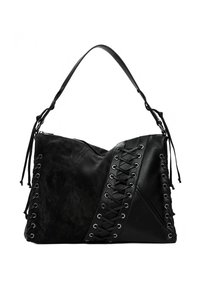 Crna torba za rame od kože i antilopa s detaljima za vezanje, glatkom teksturom i podesivim remenom. Ima zatvarač na patentni zatvarač i ukrasne šavove.