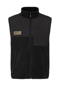 Schwarze Fleece-Weste mit hohem Kragen, durchgehendem Reißverschluss und einer Brusttasche. Enthält zwei Seitentaschen und ein Textil-Label auf der Brust.