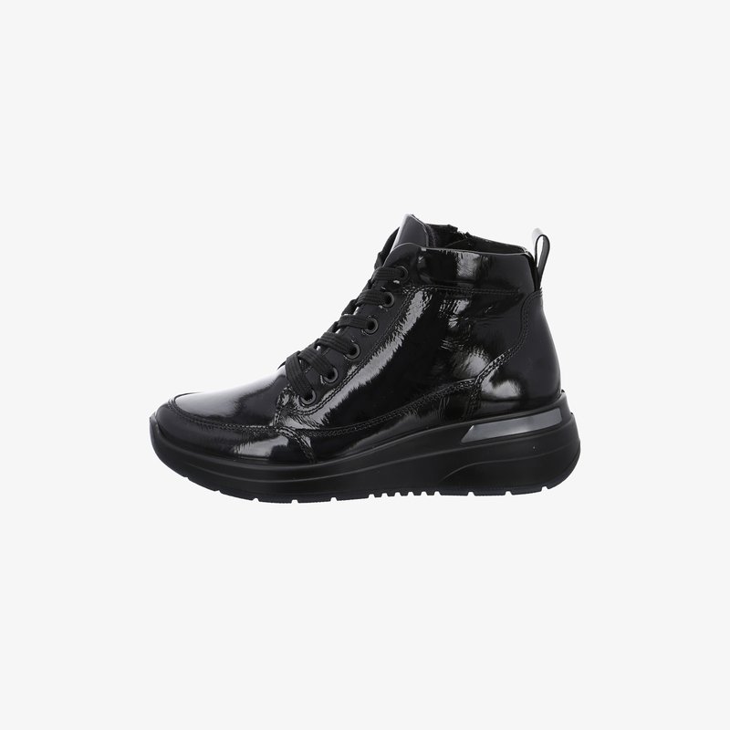 Black high-top sneaker with glossy finish, lace-up front, thick sole, and pull tab at the heel.