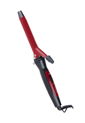 Ferro arricciacapelli elettrico rosso e nero con clip, interruttore di accensione e cavo con asola per appendere.