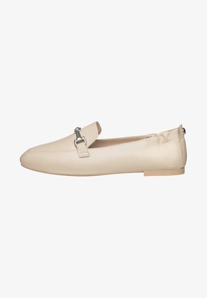 Beige Lederloafers mit einer abgerundeten Spitze, flacher Sohle und silberfarbener Hardware-Akzent. Verfügt über ein gesticktes Design entlang des Obermaterials.