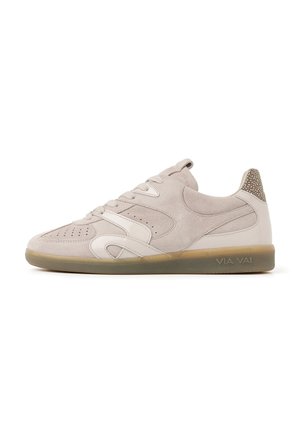 Light beige suede sneaker with white leather accents, lace-up design, textured heel tab, and translucent gum sole with "VIA VAI" branding.
