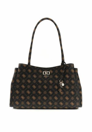 Sac à main Guess noir et marron avec motif monogramme, double poignée supérieure, et breloques argentées en forme de clé suspendues à une poignée.