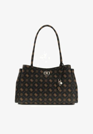 Sac à main Guess noir et marron avec motif monogramme, double poignée supérieure, et breloques argentées en forme de clé suspendues à une poignée.