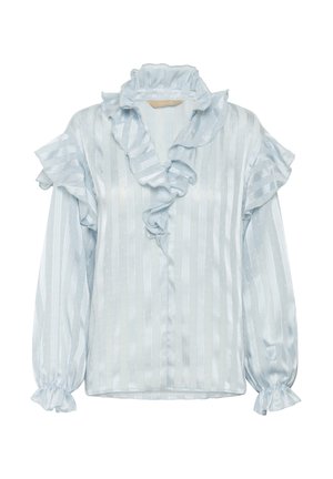 Light blue blouse with vertical stripes, ruffled collar, and cuffed sleeves. Made of a soft, textured fabric with subtle sheen.