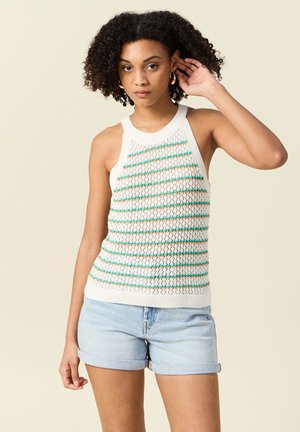 Crochet halter top in white, featuring colorful horizontal stripes in green and pink. Lightweight with a ribbed neckline and hem.