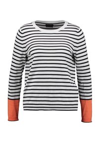 Maglione a righe con strisce orizzontali bianche e nere, con polsini arancioni solidi. Materiale morbido, scollatura rotonda e maniche lunghe.